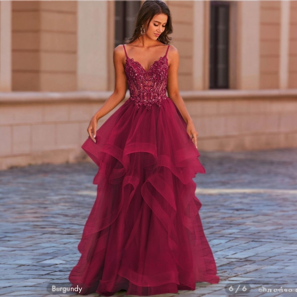 Stacees A-line Princess V Neck Floor-Length Tulle Prom Dress with Ruffles Sz 18